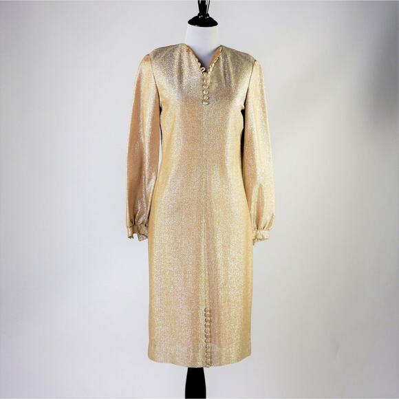 Vintage 1960s Gold-Silver Long Sleeved Dress with Button Detailing Medium - Picture 3 of 10